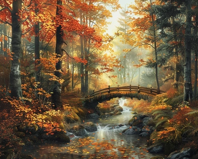A serene forest scene during autumn, with golden and red leaves carpeting the ground and trees in full fall foliage, inspired by the art style of Hayao Miyazaki. A gentle stream flows through the forest, reflecting the vibrant colors of the leaves. A wooden footbridge arches over the stream, slightly covered in moss. The scene is bathed in soft, warm sunlight filtering through the trees, creating a magical atmosphere. This image should be captured with a wide-angle lens to encompass the beauty and expanse of the forest.