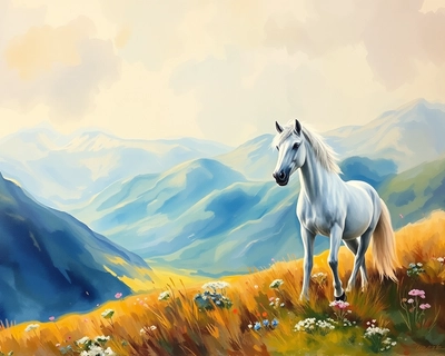 White Unicorn and  Scottish glen, oil painting style, rich thick brushstrokes, classical fine art, museum quality oil on canvas, vibrant bright lighting, saturated vivid colors, highly detailed, rich textures, intricate details, impressionist painting style, visible brushstrokes, light and color emphasis, Monet-inspired, vibrant bright lighting, saturated vivid colors, highly detailed, rich textures, intricate details, watercolor painting style, soft flowing colors, delicate brushstrokes, artistic watercolor technique, natural daylight, clear and balanced lighting, highly detailed, rich textures, intricate details