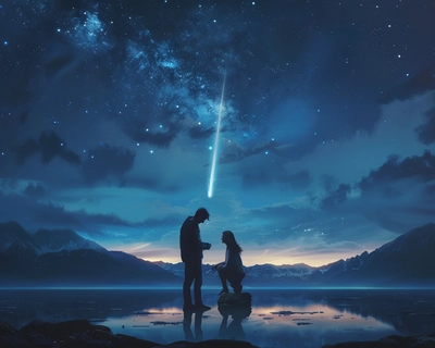 A picture of a man and a woman strong as they can be. Together they make the world a better place for each other as the man gets on one knee and proposes to the woman a shooting star goes by past them