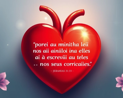 Ilustração em alta resolução de um grande coração vermelho brilhante no centro da imagem, com textura suave e levemente iluminada, transmitindo calor e espiritualidade. Dentro do coração, o texto em português em letras brancas bem legíveis:
‘Porei a minha lei no íntimo deles
e a escreverei nos seus corações.’
Jeremias 31:33
O fundo deve ser um quebra-cabeça montado, com peças visíveis e encaixadas, em tons suaves de azul, bege e lilás, estilo artístico realista e acolhedor.
Sem pessoas, sem crianças, sem mãos humanas.
Composição centralizada, iluminação suave, estética cristã, emocional e inspiradora.
Imagem preparada para impressão em alta qualidade.