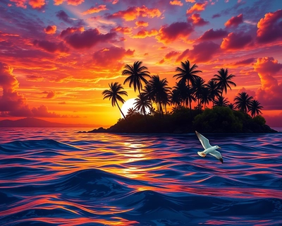 "A serene tropical island with palm trees silhouetted against a vibrant orange and purple sunset sky, viewed from the ocean's surface with gentle blue waves reflecting the sunset colors and a seagull floating nearby."