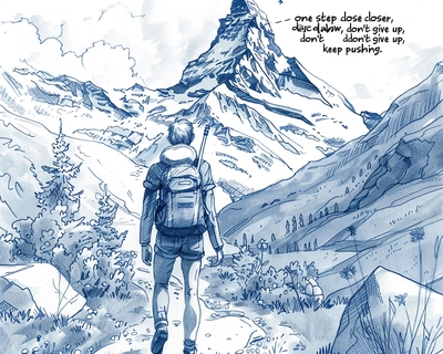 A drawing that illustrates determination and perseverance should capture the essence of sustained effort and the resolve needed to achieve an ambitious goal. The image can be inspired by a symbolic context or real-life scenario, clearly showing a challenging journey and the successes that come from persistent work.

Visual Elements:
Central Character:

A young man or woman climbing a tall mountain. The character is dressed in hiking gear, carrying a backpack and climbing equipment.
The facial expression is focused and determined, reflecting the effort and resolve to reach the summit.
Path to the Summit:

The mountain path is winding and filled with obstacles (large rocks, cliffs, steep slopes).
At various heights along the path, different challenges can be seen: a river to cross, a very steep incline, strong winds blowing.
Symbols of Progress:

Along the way, there are small milestone markers or flags indicating the character's progress. Each marker can have a small encouraging message, such as "One step closer," "Don't give up," "Keep pushing."
Mountain Summit:

In the distance, the mountain peak is bathed in sunlight, symbolizing the final goal.
At the summit, there can be a red flag or a banner fluttering in the wind, symbolizing victory and success.
Background Elements:

The sky is clear but with a few clouds, suggesting that although the journey is tough, there is always hope and the possibility of reaching the top.
In the valley at the base of the mountain, a beautiful landscape can be seen, with trees, flowers, and a river, symbolizing the starting point of the journey and the visible progress made.
Details:

The character may show some signs of physical effort (drops of sweat, slightly dirty clothes from the climb).
Along the path, there can be other small details, such as loose stones, small animals watching from the bushes, symbolizing the minor distractions or difficulties encountered along the way.
Message:
This drawing conveys the message that determination means continuing to climb, regardless of obstacles, keeping your eyes fixed on the final goal, and finding motivation in every step forward. It illustrates the idea that success doesn't come easily, but it is achievable through perseverance and determination.







