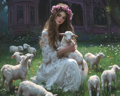 A super cute and magical fantasy illustration scene that is like not photo realistic, of a young woman in her early 20s with long brown wavy hair wearing a wispy white dress and a flower crown kneeling in the grass holding a baby goat, and many other super cute baby goats playing around her. In the background, there is a dark purpleish brown Victorian house, but it’s not the focal point.