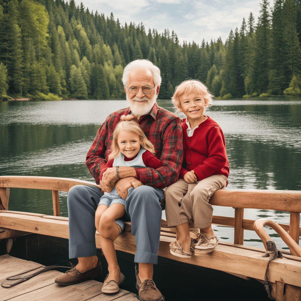 I would like grandparents at the lake on a dock and boat with their grandkids. Grandpa and Grandma have glasses. Grandma has a blonde short haircut. Grandpa has red hair with no beard. There is one seven year old blonde boy with no glasses, one five year old blonde girl with no glasses, and one four year old red curly long haired girl with no glasses.
