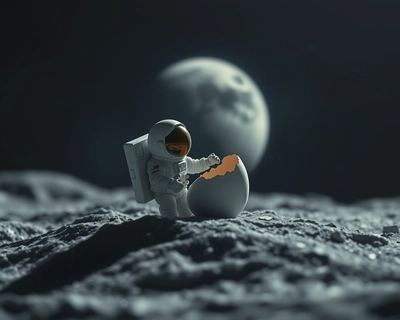 a tiny astronaut hatching from an egg on the moon