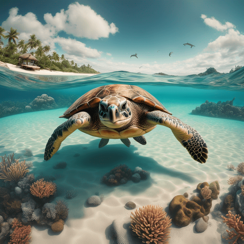 a picture of a surreal beach scene with a giant sea turtle swimming in a shallow lagoon, painted in a hyperrealistic style with a fish-eye lens, 4K resolution.