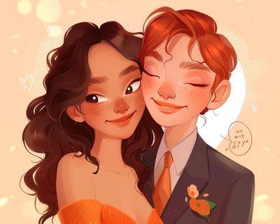 /imagine a Disney-style cartoon of two girlfriends embracing.

Girlfriend 1:

Shoulder-length, type 2 curly dark brown hair
Slim build
Fair skin with freckles
Wide, joyful smile
Wearing an orange dress
Girlfriend 2:

Long, straight, copper-red hair with a sidecut
Light hazel eyes
Wearing a suit and tie
Background: Romantic setting (e.g., heart, sunset)
Style: Vibrant colors, playful, expressive
Focus: Warmth and affection between the characters
