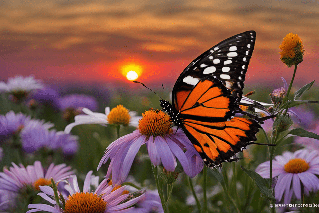 une image du coucher de soleil  det  des  papillon,s