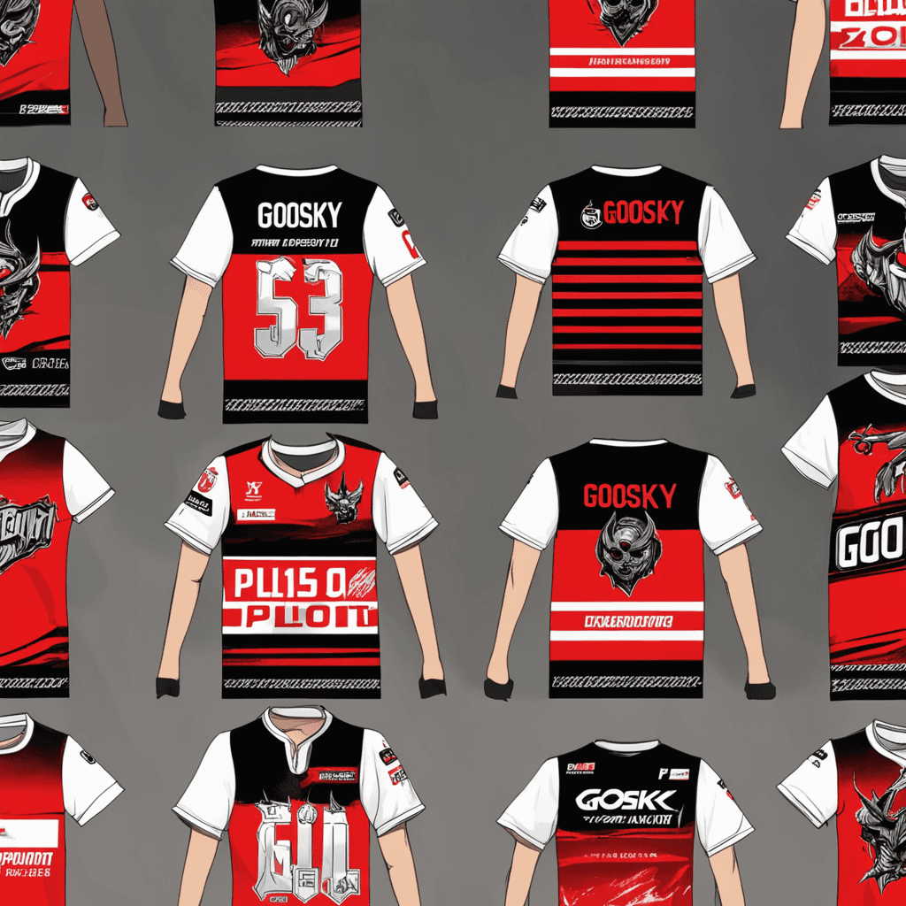 a picture of shirt for an Esport company based on Red and Black colors with the brand name Goosky , with the name of the pilot on the back 