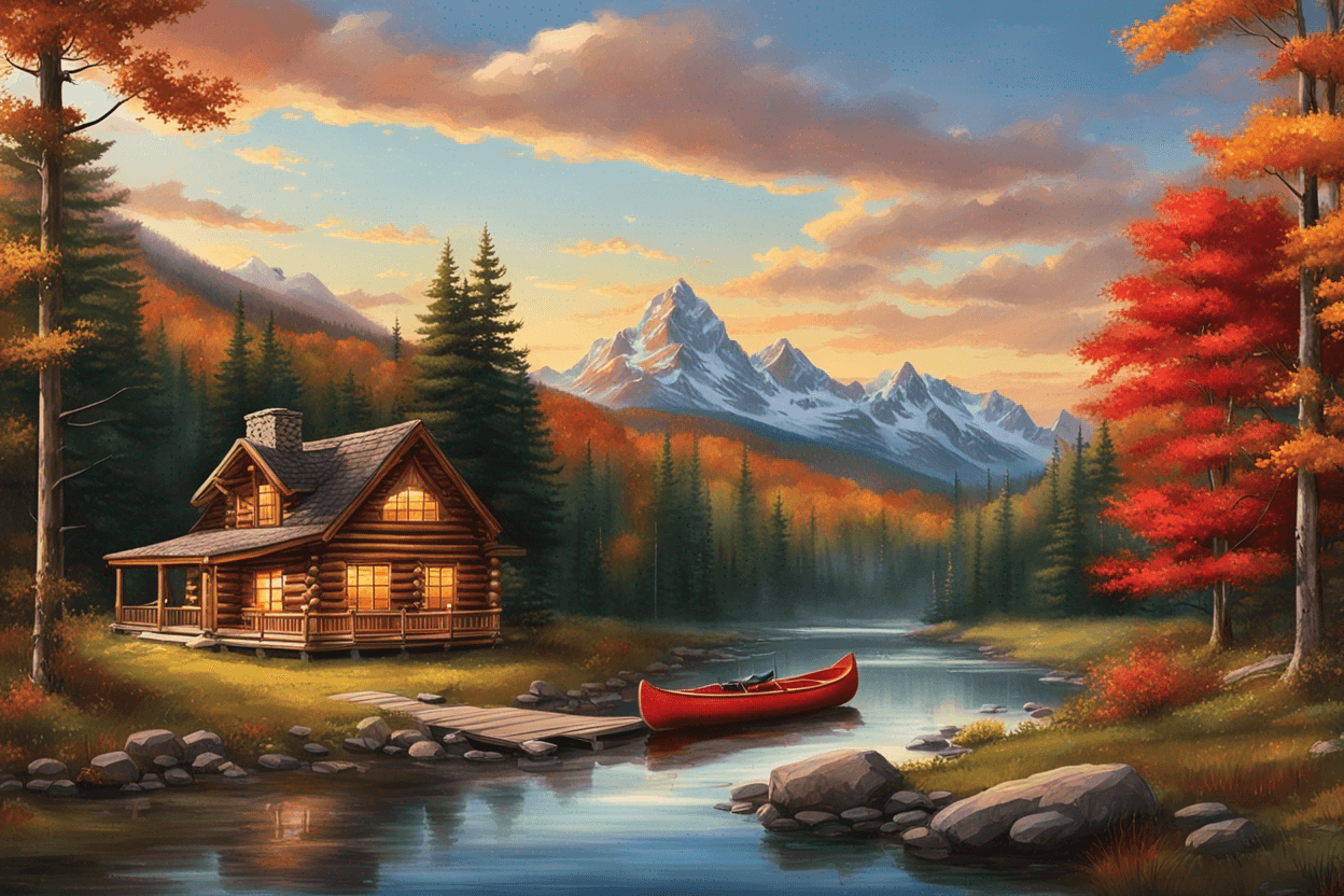  mountain  background with sun setting,  a 2-story log cabin in the foreground nestled at a 45 degree angle in the fall trees, front porch on the cabin , warm light shining from the windows, a flowing stream goes from left to right in the picture.  Draw a wooden  dock below the cabin, a  red canoe is tied to the dock, two grazing deer on the opposite side of stream. Picture is drawn in the style of artist Terry Redlin
Make fall folilage around th cabin and turn the cabin so the porch faces the bottom left corner .
Canoe shoud be tied to the dock. 

