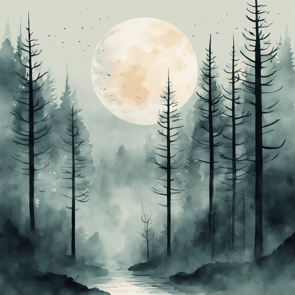 a picture of a mysterious forest. Aesthetic minimalist landscape with tall trees, foggy atmosphere and a bright moon. Watercolor and paper textured print, vector posters. Illustration, travel art minimal scene, close up, 4K resolution.
