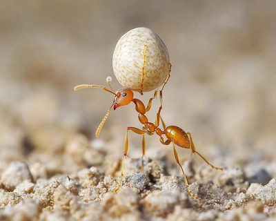 ant huddling up 
ant carrying a rice bean
ants' strength
