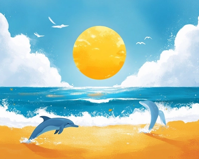 A blue beach, golden sand, yellow sun, waves crashing, grey dolphins, white marshmallow clouds 
