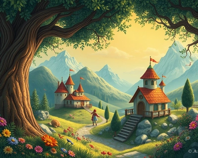 a beautiful landscape scene, children's storybook illustration, whimsical, enchanting, colorful detailed illustration, fairy tale art, highly detailed, rich textures, intricate details
