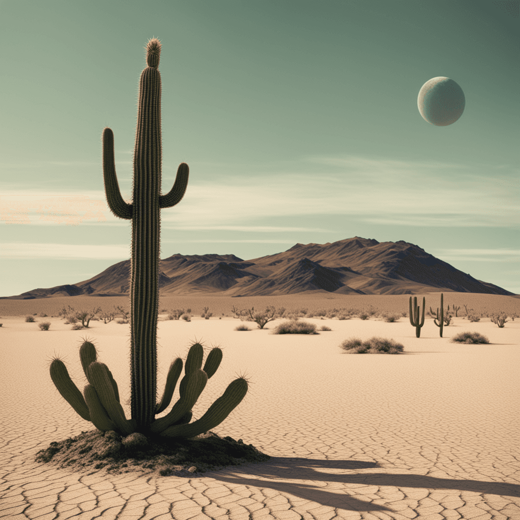 a picture of a desolate desert landscape with a single cactus in the foreground, painted in a surrealist style inspired by Salvador Dali, captured with a telephoto lens at 4K resolution.
