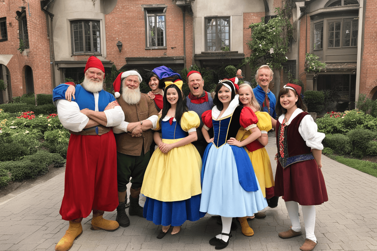 
a picture with seven dwarfs and Snow White