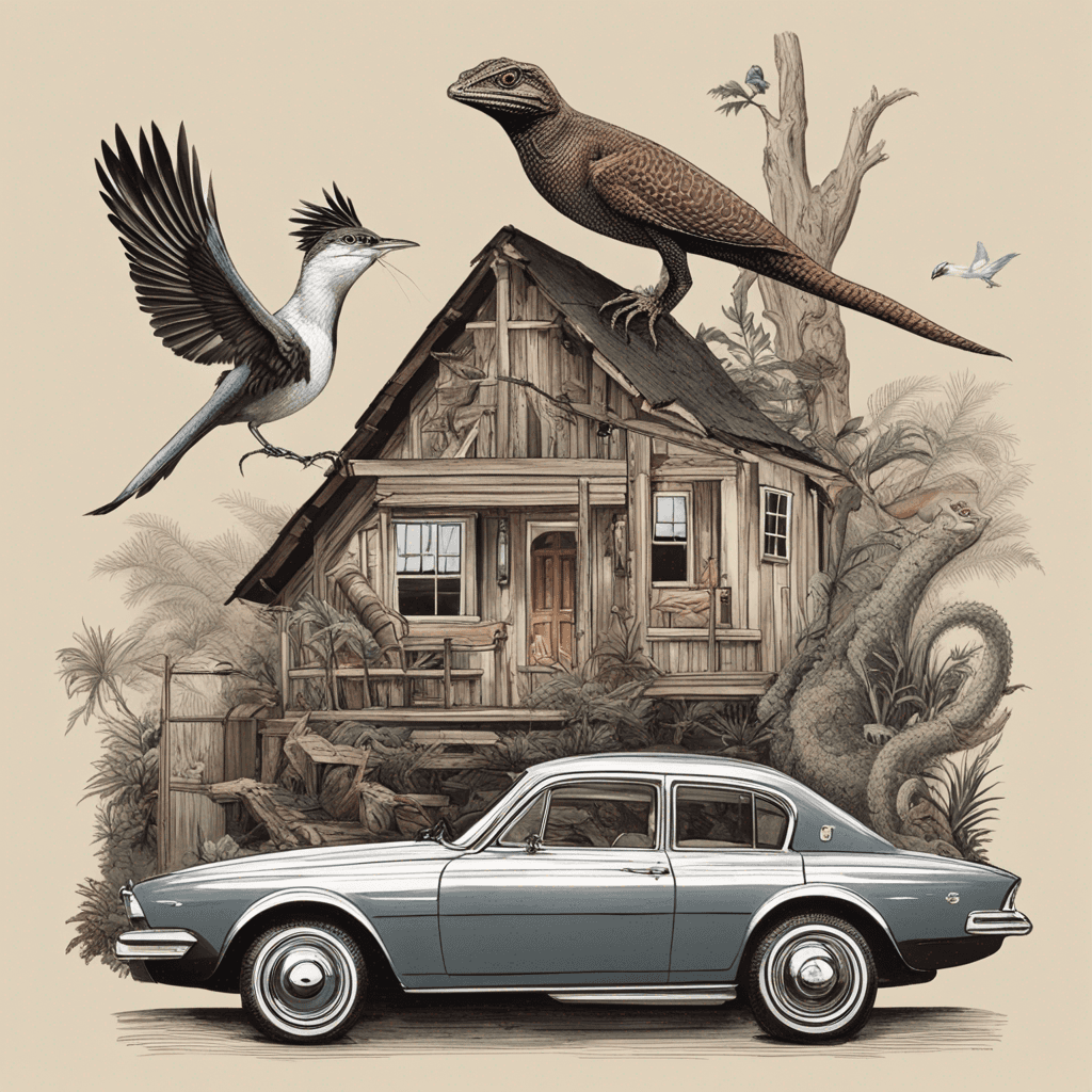 a picture of a bird, a lizard , a wood, a house and a car