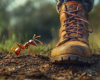 an ant compared to a human foot/boot
