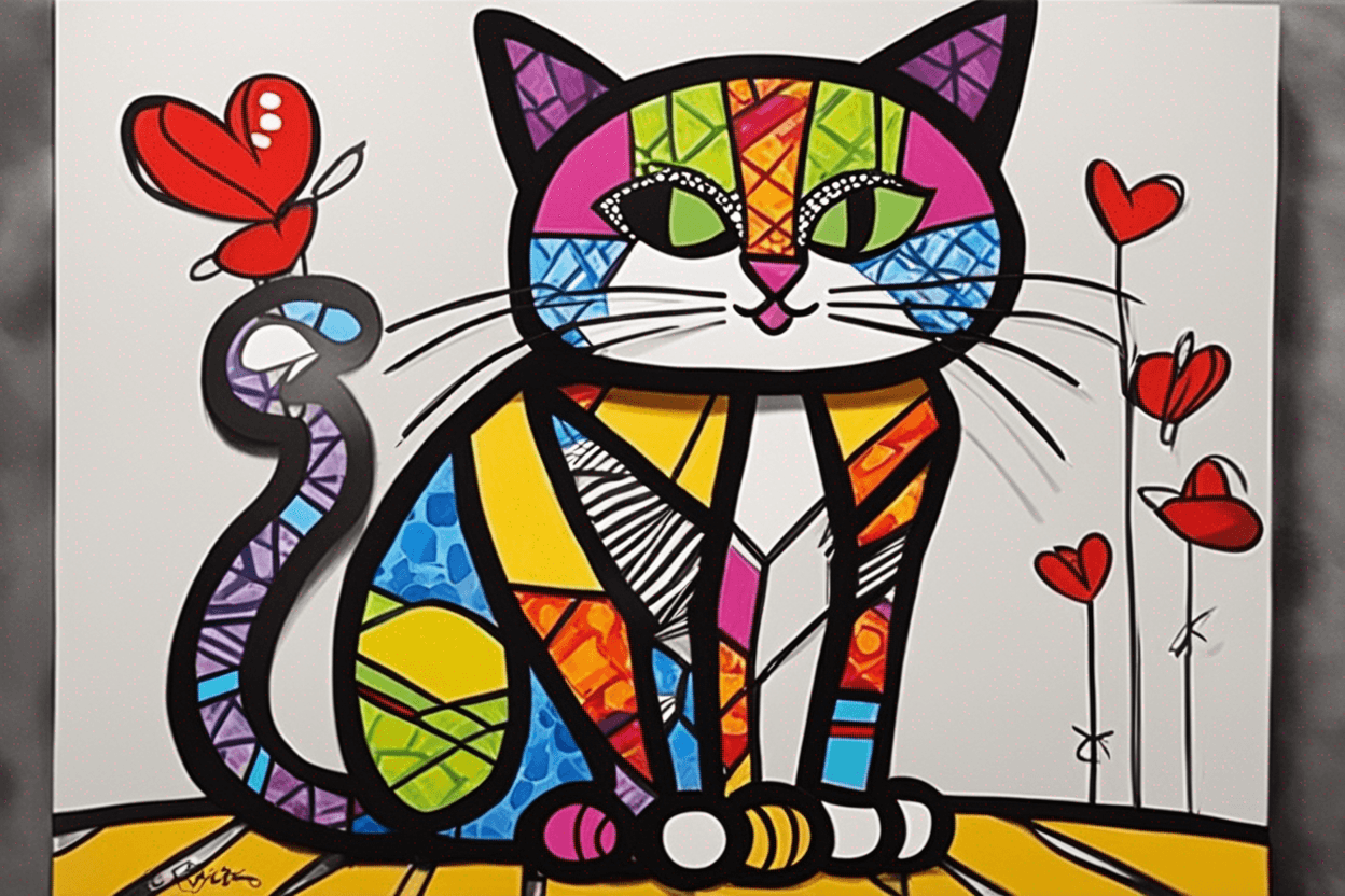 A sitting cat, with Romero Britto style painting