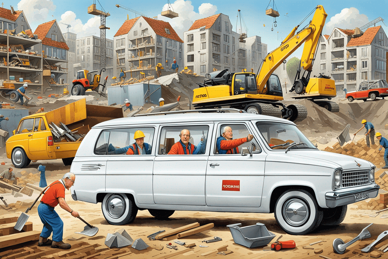 A white caddy van drives over a construction site with tools falling out the back. In the background a 60 year old, grey haired, nearly bald builder appears all over the construction site. In the style of Jan van Haasteren puzzle. 