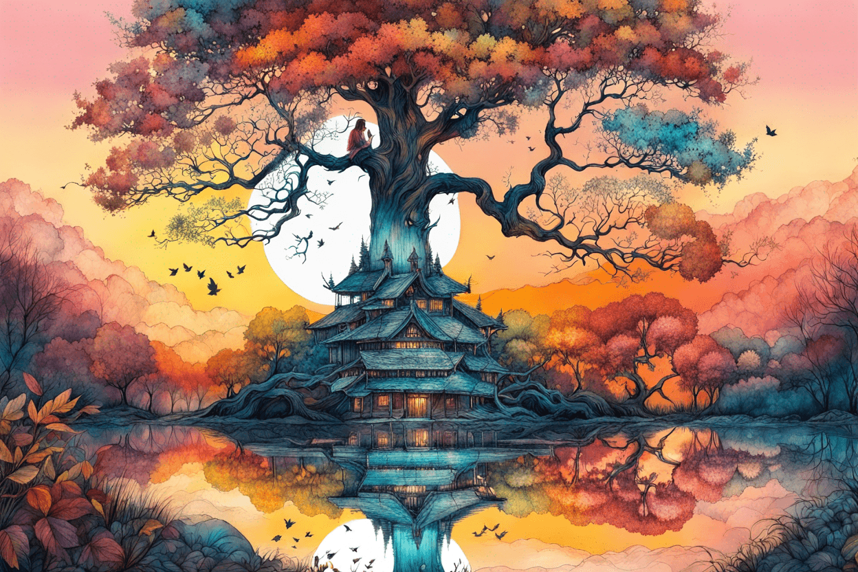 HyperMaximalist autumn tree Illustration, fantasy sunset, by Waterhouse, Carne Griffiths, Minjae Lee, Ana Paula Hoppe, Stylized inked Watercolour line art, Intricate, Complex contrast, HDR, Sharp, soft Cinematic Volumetric lighting, flowery pastel colours, wide long shot, perfect masterpiece