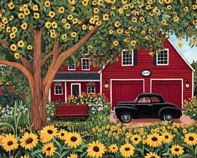 A picture of a red house with a red garage with a huge mulberry tree with a bench underneath with a coffee mug on the arm rest. A black 55 Chevy in the drive way houses surrounded by black eyed Susan’s and trees and flowers and bushes 