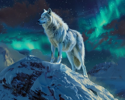 A majestic white wolf standing on a snow-covered mountain peak under a starry night sky, with the Northern Lights shimmering in the background; the scene should be in the style of a hyper-realistic painting, inspired by the works of John Banovich; use a wide-angle lens to capture the expansive landscape and emphasize the grandeur of nature.