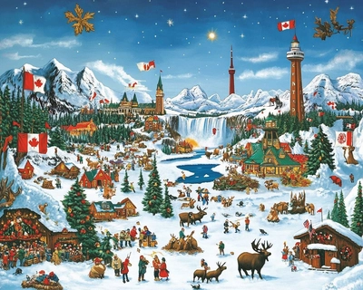 a large sceanery with a Maple syrup factory, hokey, niagra falls, tim hortons, cn tower, , northern lights, moos, beaver, lighthouse, different people,snow, flag, maple leaf.
 
