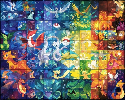 A picture of 7 x 7 tiles where in background is represented a very light pokemon logo and in every tile is represented a single pokemon
