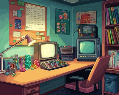 a picture of office environment where there are few things hidden like, candies, video games, jelly, phantom chocolate, and 90's things
