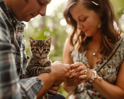 A picture of a man and a woman doing a puzzle while the man is wanting to propose with their Tabby kitten next to them