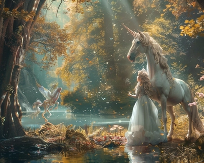 A picture of a mom and a daughter in an enchanted forest with a unicorn and a lake 