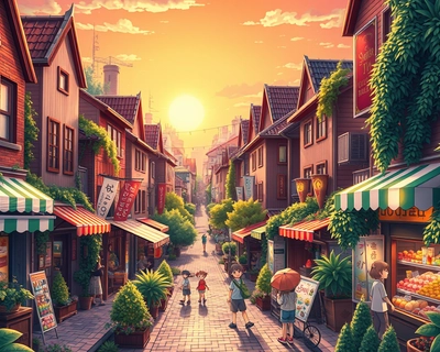 a vibrant city scene, anime art style, Studio Ghibli inspired, beautiful anime illustration, detailed anime scenery, highly detailed, rich textures, intricate details
