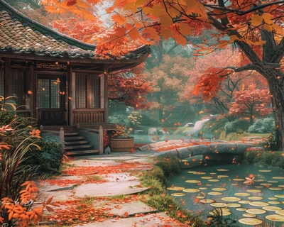 A serene Japanese garden in the heart of autumn, with vibrant red and orange maple leaves falling gently onto a stone path. The garden features a traditional wooden tea house, a koi pond with lily pads, and a small arched bridge. The scene is captured in the style of Studio Ghibli, with soft, whimsical details and a warm, inviting color palette. The image is taken with a wide-angle lens to encompass the entire garden, showcasing the harmonious blend of nature and architecture.