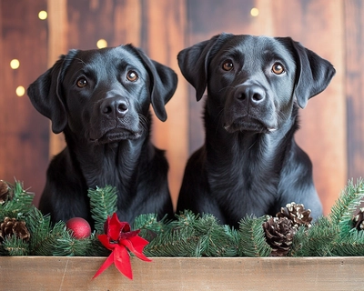 Christmas scene with two black lab dogs. One dog has ears sticking up
