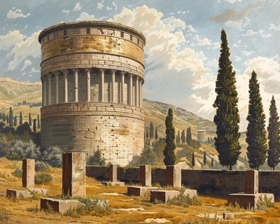 A large, cylindrical stone building with a flat top dominates the center of the scene. The cylinder is made of several layers or tiers.
Square-shaped columns stand in front of the cylindrical structure.
The background shows short trees and rolling hills.