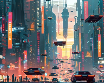 Create a vibrant illustration of a futuristic cityscape at sunset, blending the styles of cyberpunk and Art Deco. The foreground features sleek, flying cars zipping through the air, with towering skyscrapers adorned with neon signs and glowing lights in the background. The scene is set along a bustling aerial boulevard, where pedestrians in futuristic attire roam on elevated walkways. The overall atmosphere should feel energetic and dynamic, with a vivid color palette dominated by oranges, pinks, and blues, inspired by the works of Syd Mead. Use a wide-angle lens to capture the vastness and intricate details of the city.