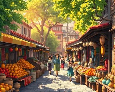a vibrant city scene, anime art style, Studio Ghibli inspired, beautiful anime illustration, detailed anime scenery, highly detailed, rich textures, intricate details