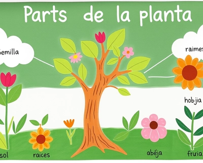 Quiero que realices un cartel didáctico sobre las partes de la planta, que sea llamativo, bonito, creativo, pedagógico y sencillo, pensado especialmente para niños de educación preescolar.

El cartel debe incluir únicamente los elementos que se solicitan, los cuales son: semilla, raíces, tallo, ramas, hojas, flores, frutos, abeja, sol, aire, lluvia, nubes, frondoso y tierra.

Solicito que cada elemento se presente por separado, es decir, una pieza en una hoja individual (por ejemplo, “Raíces” en una hoja, “Tallo” en otra, etc.), de manera que todas las hojas puedan unirse posteriormente para formar un tipo de rompecabezas o mural grande sobre la planta.

Es importante que:

Cada pieza sea grande, ocupando una hoja completa.

Las piezas puedan unirse correctamente para formar el cartel completo.

El archivo pueda descargarse, preferentemente en PDF o Word.

Además, el cartel debe seguir una organización lógica, por ejemplo:

En la parte superior: sol, nubes y aire.

En la parte media: hojas, flores, ramas y la abeja.

En la parte inferior: tallo, raíces, tierra y semilla.

El diseño debe mantener coherencia con la realidad, mostrando de manera sencilla cómo crece una planta. También puede reflejar, de forma muy simple y visual, ideas relacionadas con la fotosíntesis y la polinización, para favorecer la comprensión de los niños.

Los nombres deben estar en español y el diseño puede tomar como referencia materiales educativos que se encuentran en internet, pero debe ser claro, visual, comprensible y adecuado para niños de preescolar. Asimismo, debe mantener un enfoque pedagógico, facilitando que los niños identifiquen las partes de la planta y los elementos de la naturaleza que ayudan a su crecimiento. 🌱, children's storybook illustration, whimsical, enchanting, colorful detailed illustration, fairy tale art, vibrant bright lighting, saturated vivid colors, highly detailed, rich textures, intricate details