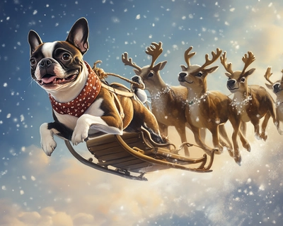 A picture of a boston terrier flying a sleigh pulled by 9 reindeer.
