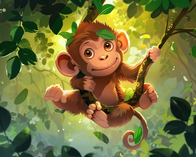a very cute monkey caricature in a forest hanging on a tree 