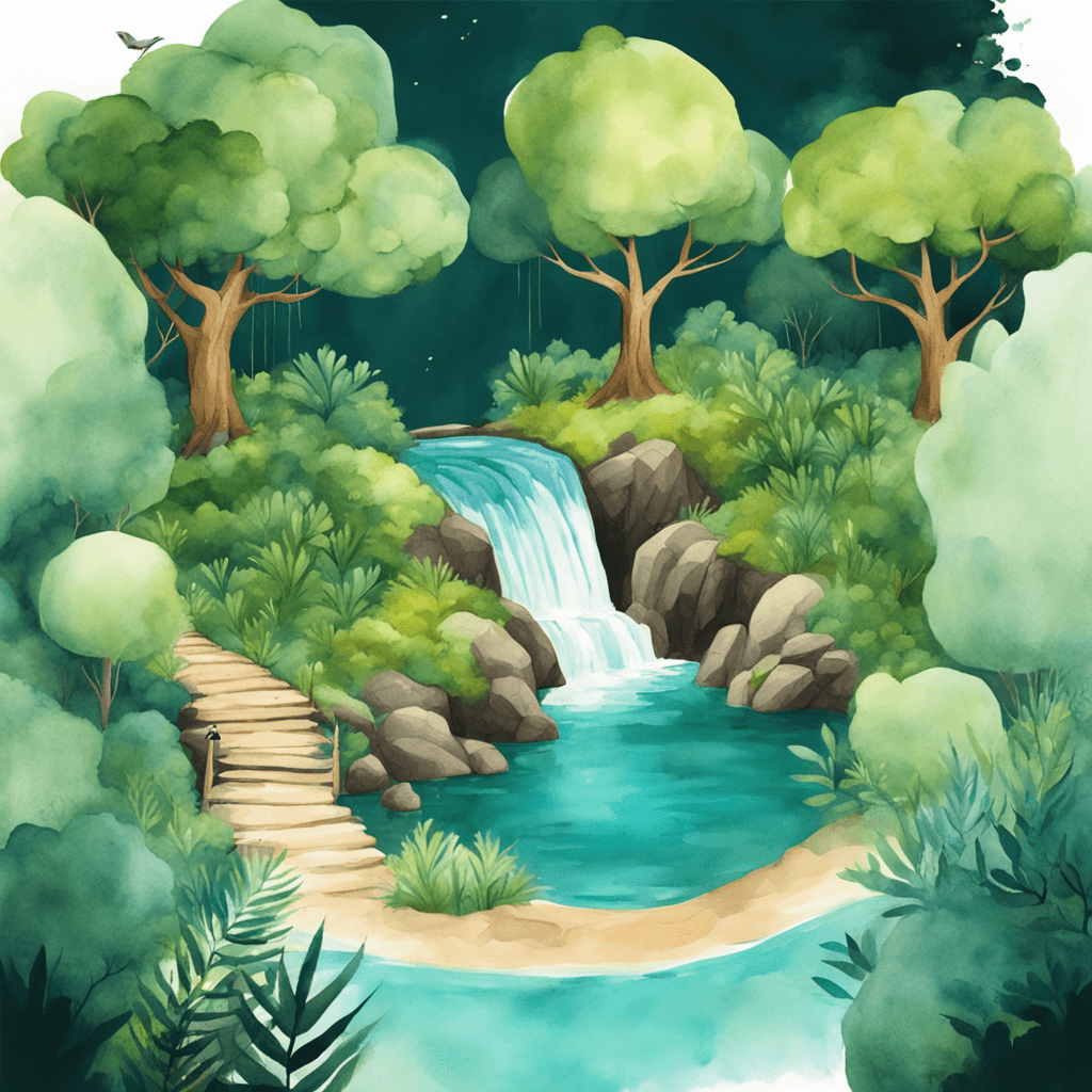 a picture of an enchanted forest. Aesthetic minimalist landscape with lush trees, a lake, and a waterfall. Watercolor and paper textured print, vector posters. Illustration, fantasy art minimal scene, birds eye view. 4K resolution, wide angle lens.