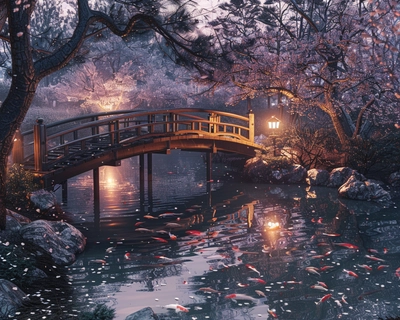 A serene Japanese garden at dusk, featuring a traditional wooden bridge over a koi pond, surrounded by cherry blossom trees in full bloom. The scene is illuminated by soft, warm lantern light, casting gentle reflections on the water. The art style is inspired by the delicate brushwork of traditional Japanese ink wash painting (sumi-e), with a touch of modern digital realism. The image should be captured with a wide-angle lens to encompass the tranquil beauty of the entire garden.