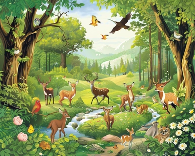a picture of forest landscape with different animals at distance from each other. all the animals are cute caricature. make this scene child friendly and very eye catching for kids. 