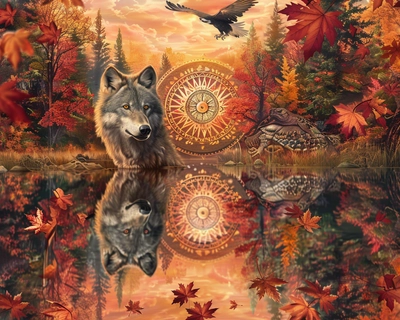 A serene Eastern, Native American forest wolf during autumn, featuring a traditional medicine wheel surrounded by vibrant maple trees with leaves in shades of red, orange, and yellow. The scene is reflected in a calm sky, water with individual feathers of one bald eagle, one Crow, one red tail hawk and one owl airborne gracefully. 
The turtle back translucent in the background. The art style should be inspired by the delicate and detailed works of the National Gallery capturing the tranquility and natural beauty of the setting. The image should be rendered with a 50mm lens to emphasize the depth and richness of the colors and details.