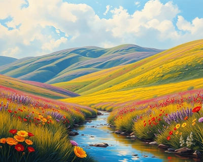 a beautiful landscape scene, oil painting style, rich thick brushstrokes, classical fine art, museum quality oil on canvas, soft diffused lighting, dreamy ethereal glow, soft pastel color palette, gentle muted tones, highly detailed, rich textures, intricate details