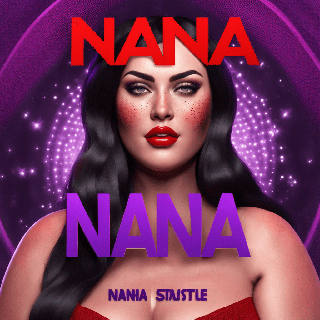 Create a visually stunning 4D render of a beautiful plus-size American woman with fair skin, long black hair, and freckles. Incorporate vibrant red and purple tones into the name 'Nana' and surrounding text. Ensure the final render is highly realistic and suitable for printing in 4K resolution.