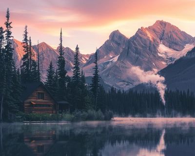 A serene mountain landscape at sunrise, inspired by the Romanticism art style, with a calm lake reflecting the snow-capped peaks in the background. The sky is painted in soft hues of pink, orange, and purple. In the foreground, there is a wooden cabin with smoke gently rising from its chimney, nestled amidst pine trees. Use a 35mm lens to capture the wide-angle view and intricate details.