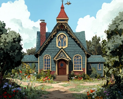 A picture of a school house with lots of windows