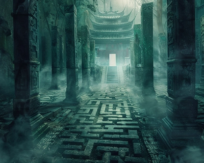 old chinese temple, dark fantasy, maze, blinded